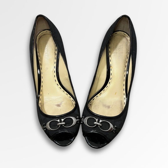 Coach Shoes - Coach Monogram Peep Toe Wedges